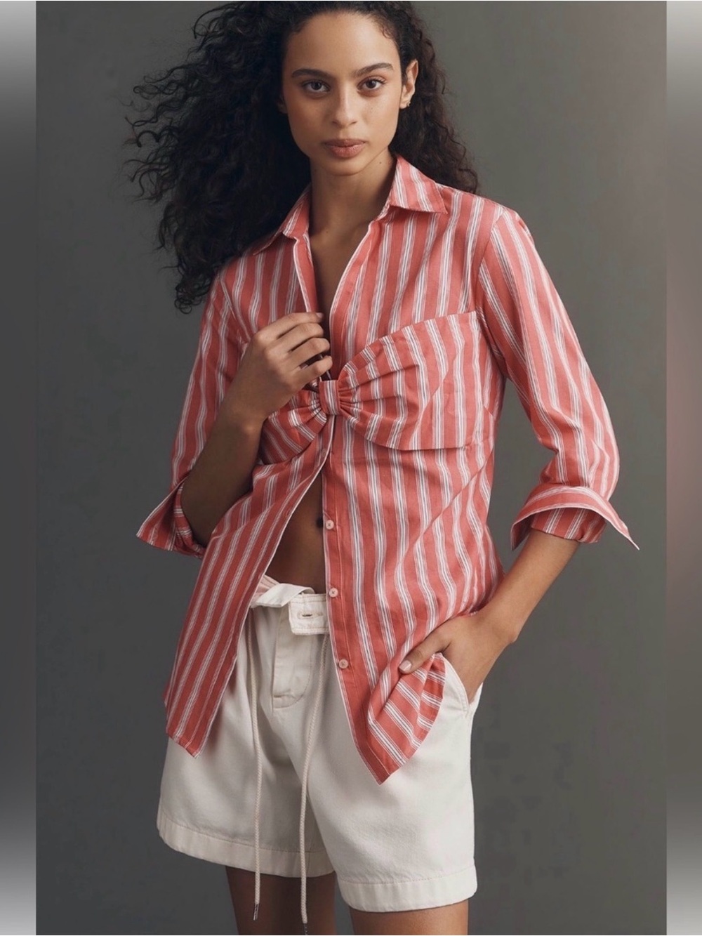 Anthropologie Maeve Bow Long Sleeve Button Down Shirt Red Stripe Cotton Small